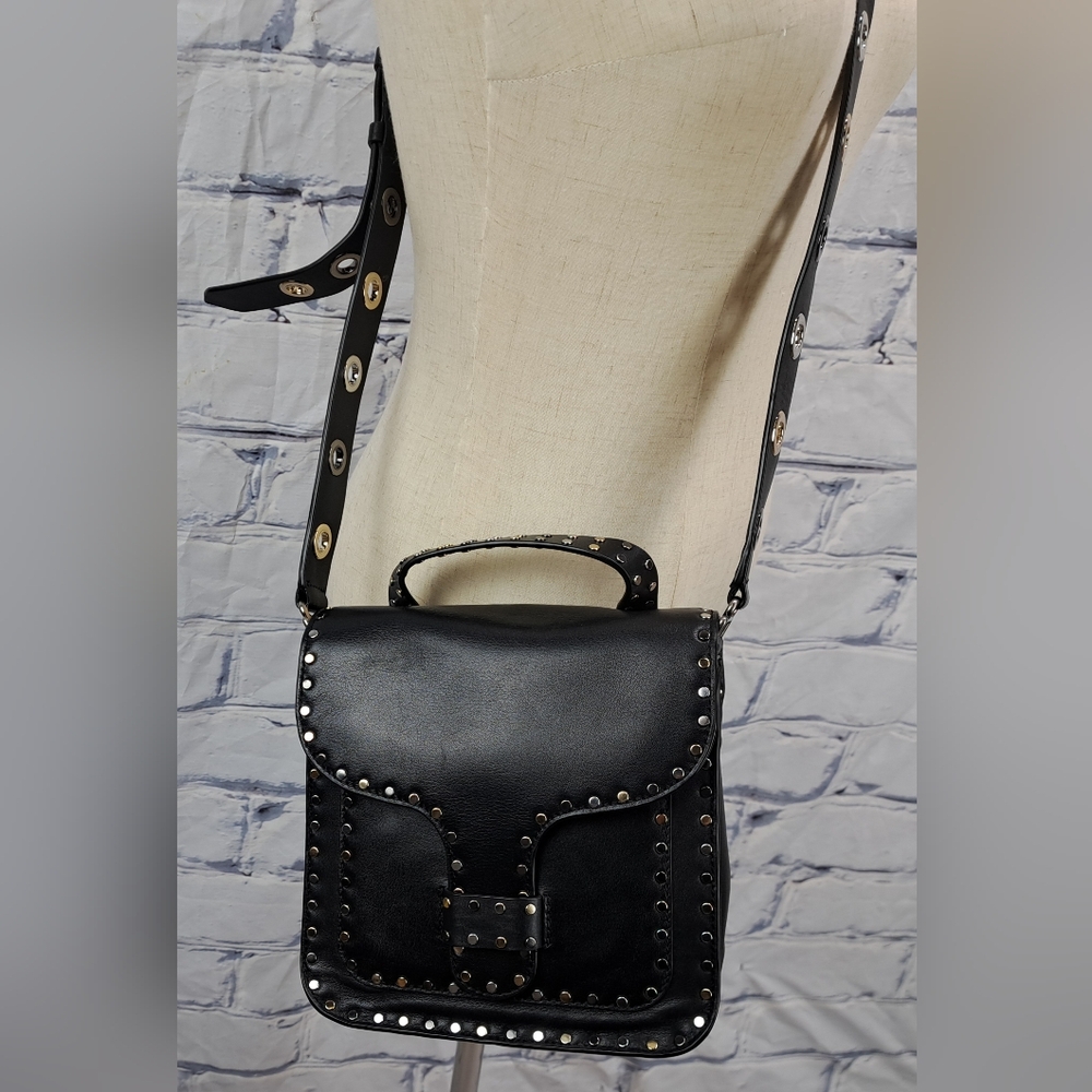 Rebecca Minkoff Midnighter Black Leather Crossbody Messenger Bag Metal Studs - Picture 3 of 15